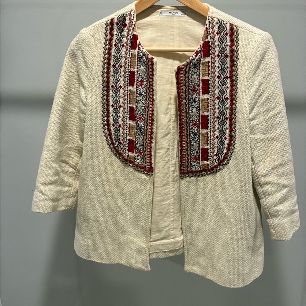 European brand Mango - embroiled open front jacket with three quarter sleeves